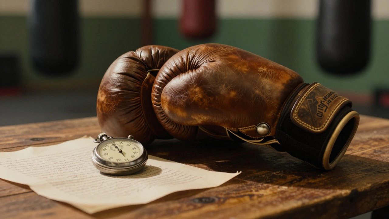 Close-up of a leather boxing glove, stopwatch, and notes on a wooden table.