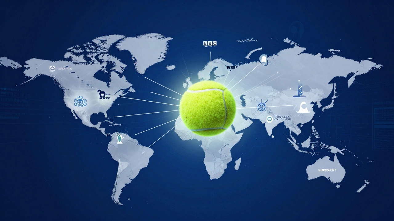 Conceptual art of global tennis broadcast rights connected by digital lines