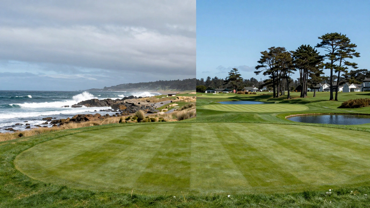 Contrast between rugged coastal links golf and manicured private club fairways.