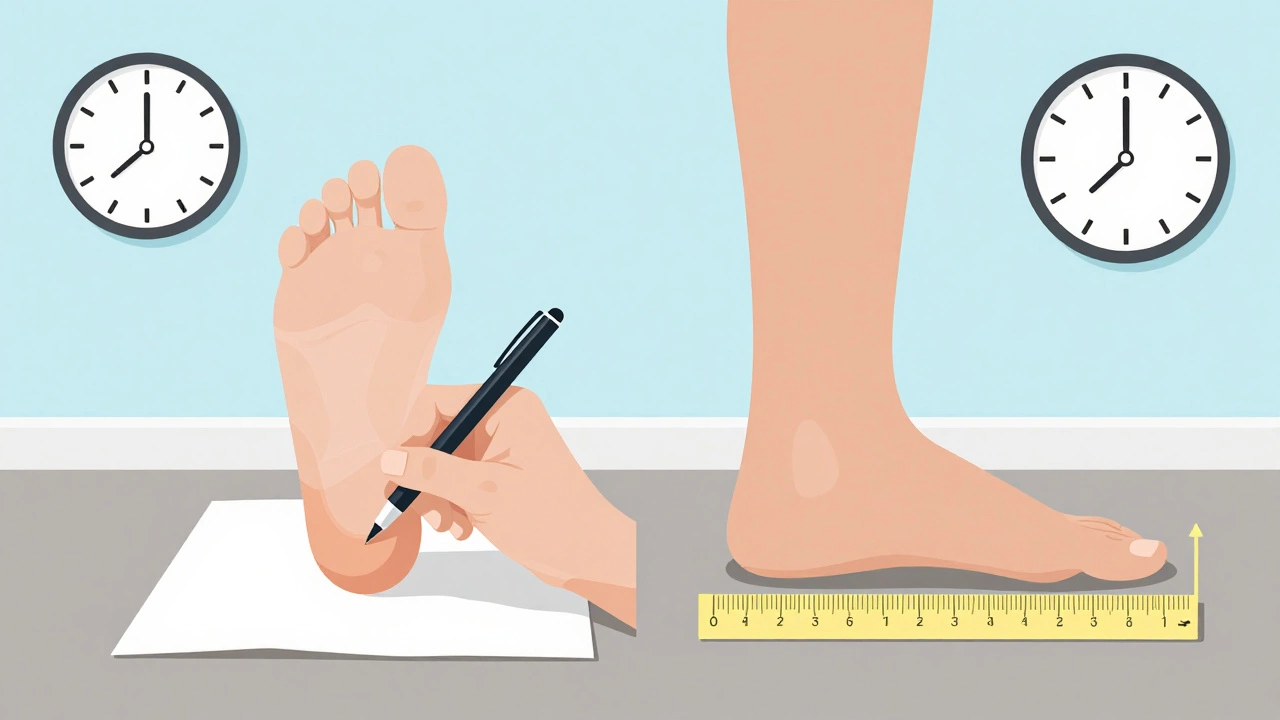 Diagram illustrating how to measure foot length on paper against a wall for accurate sizing.