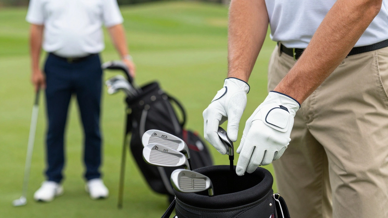 Golfer in formal attire holding clubs on a pristine, high-end golf course.