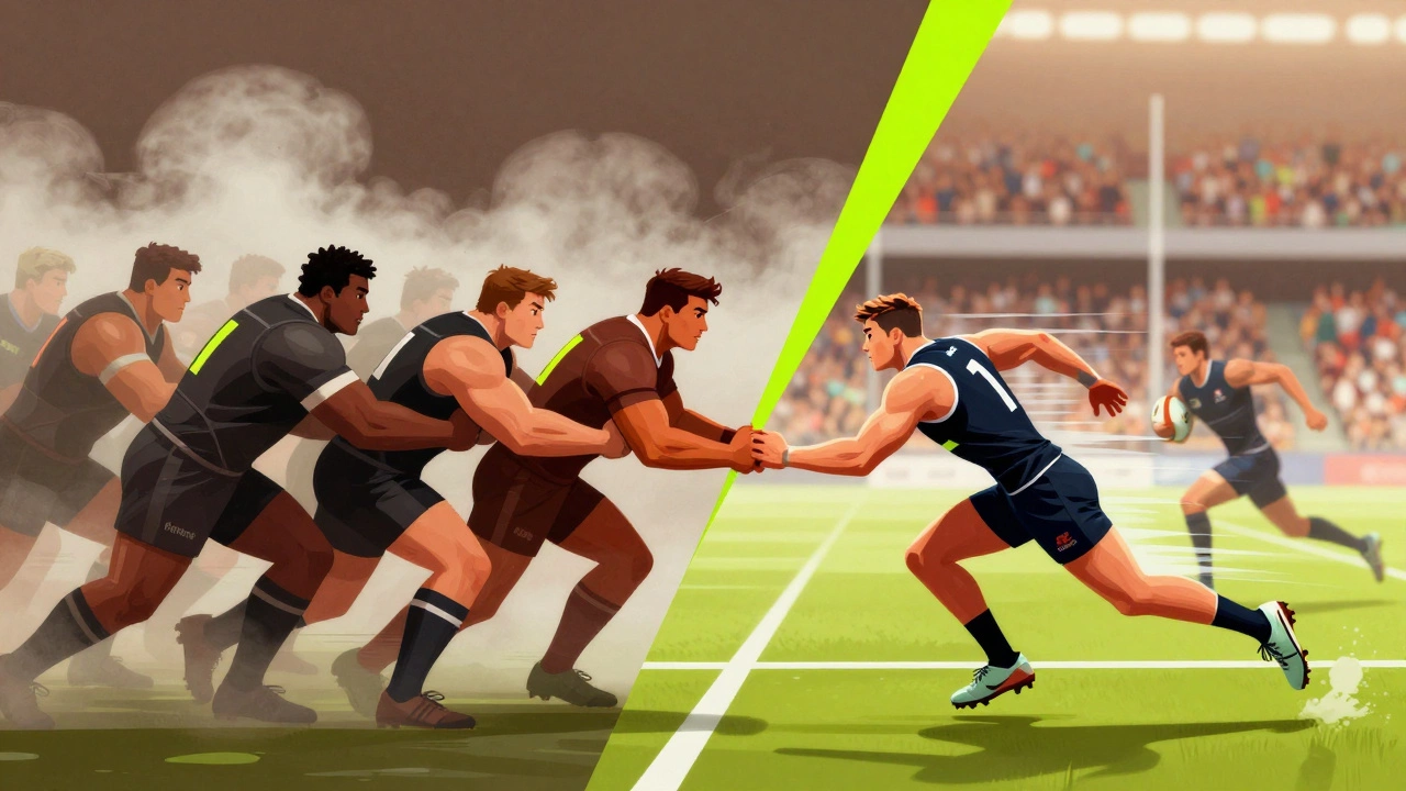 Graphic art contrasting rugged forwards and agile backs