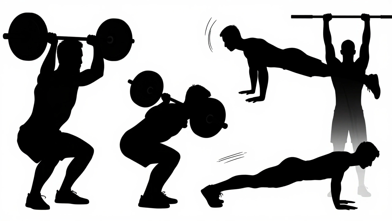 Graphic illustration of four silhouettes doing squats, deadlifts, pushes, and pulls.