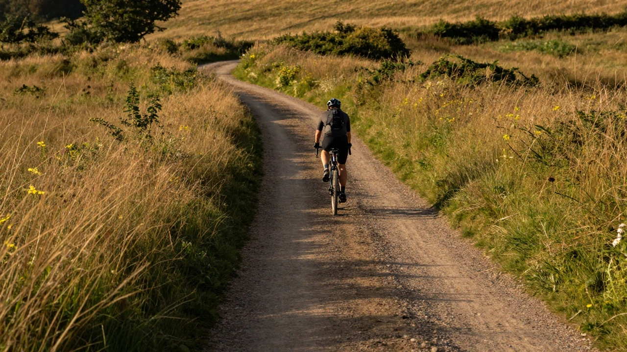 Gravel biker riding on a narrow country trail in golden light