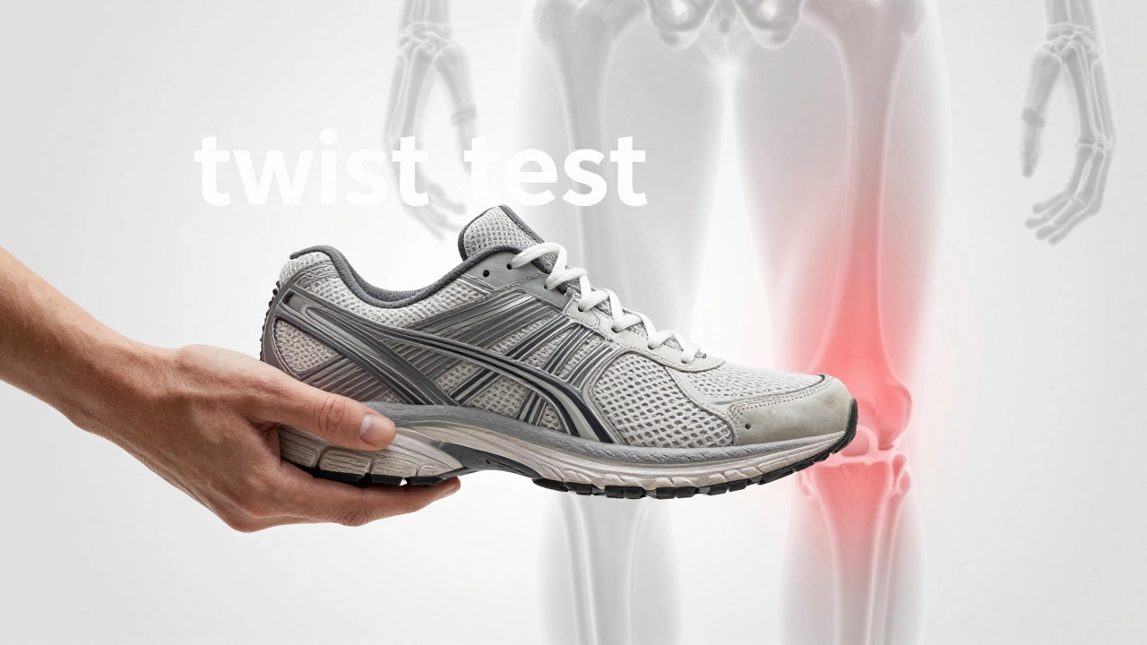 Hand twisting old shoe to show lack of support, with skeleton overlay