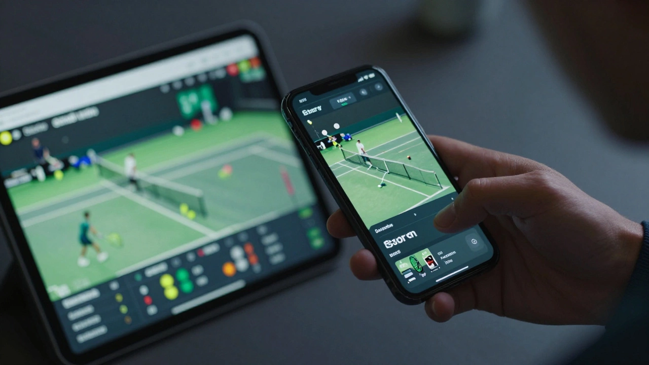 Hands holding smartphone and tablet displaying live tennis scores and streams