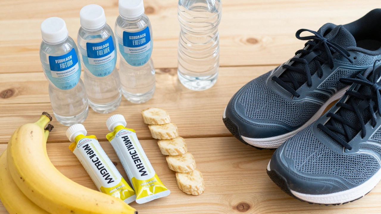 Marathon fuel supplies including gels, fruit, and shoes