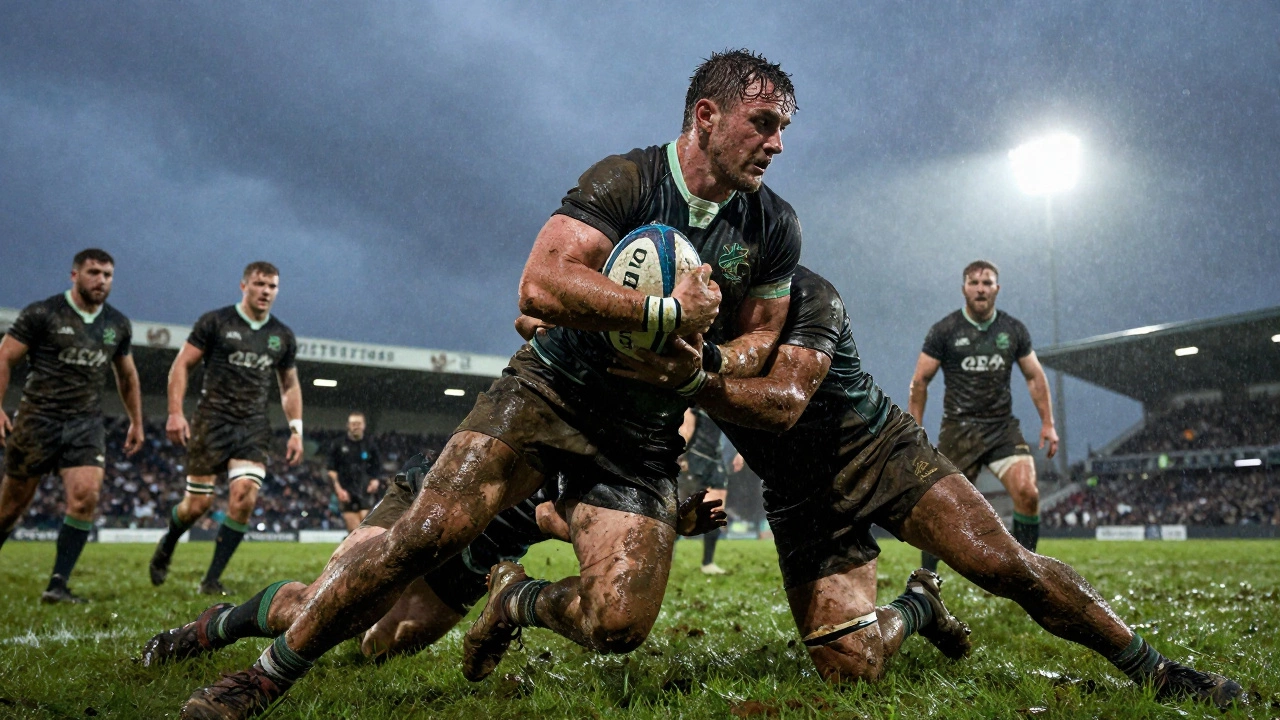 Muddy rugby forward tackling opponent in rain