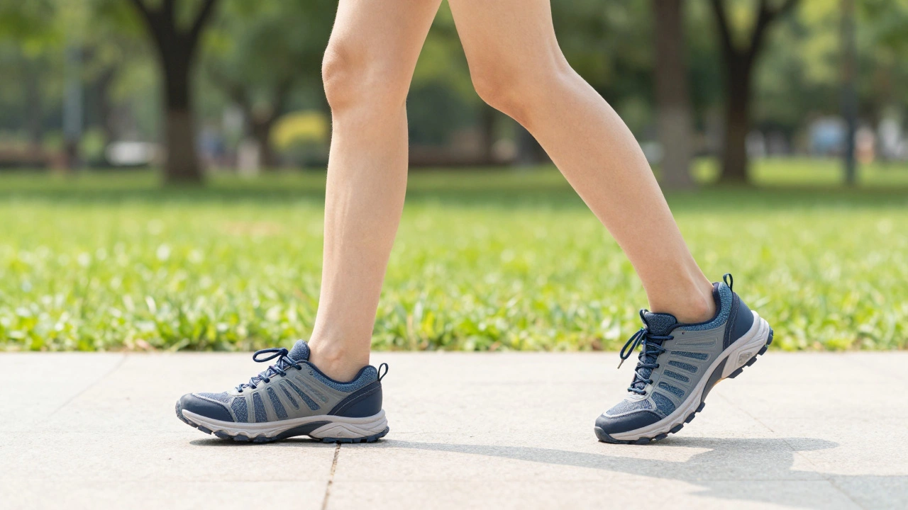 Person walking happily in park wearing new supportive walking shoes