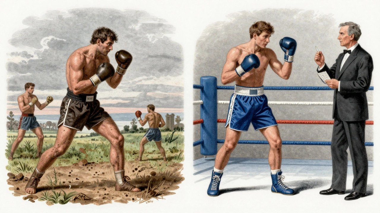 Split illustration contrasting historical bare-knuckle fighting with modern boxing.