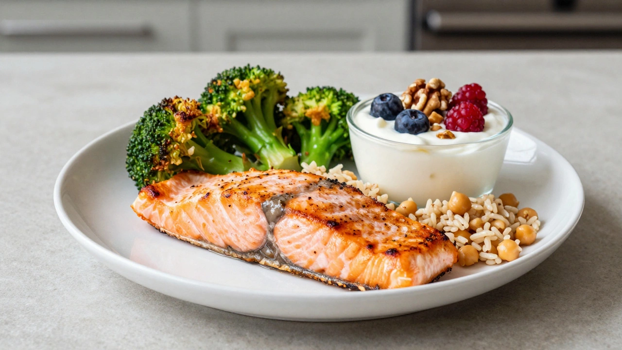 A balanced plate with grilled salmon, roasted broccoli, and brown rice.