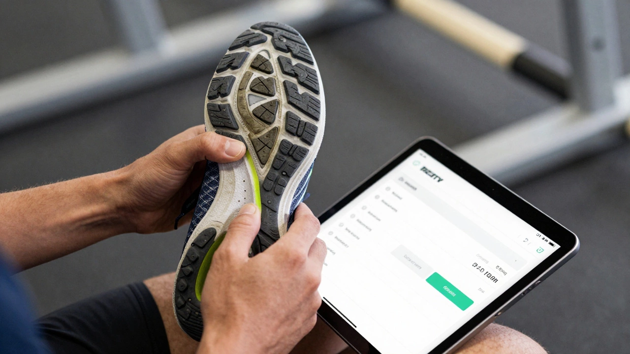 Athlete inspecting worn shoe tread next to a tablet showing a digital equipment checklist.