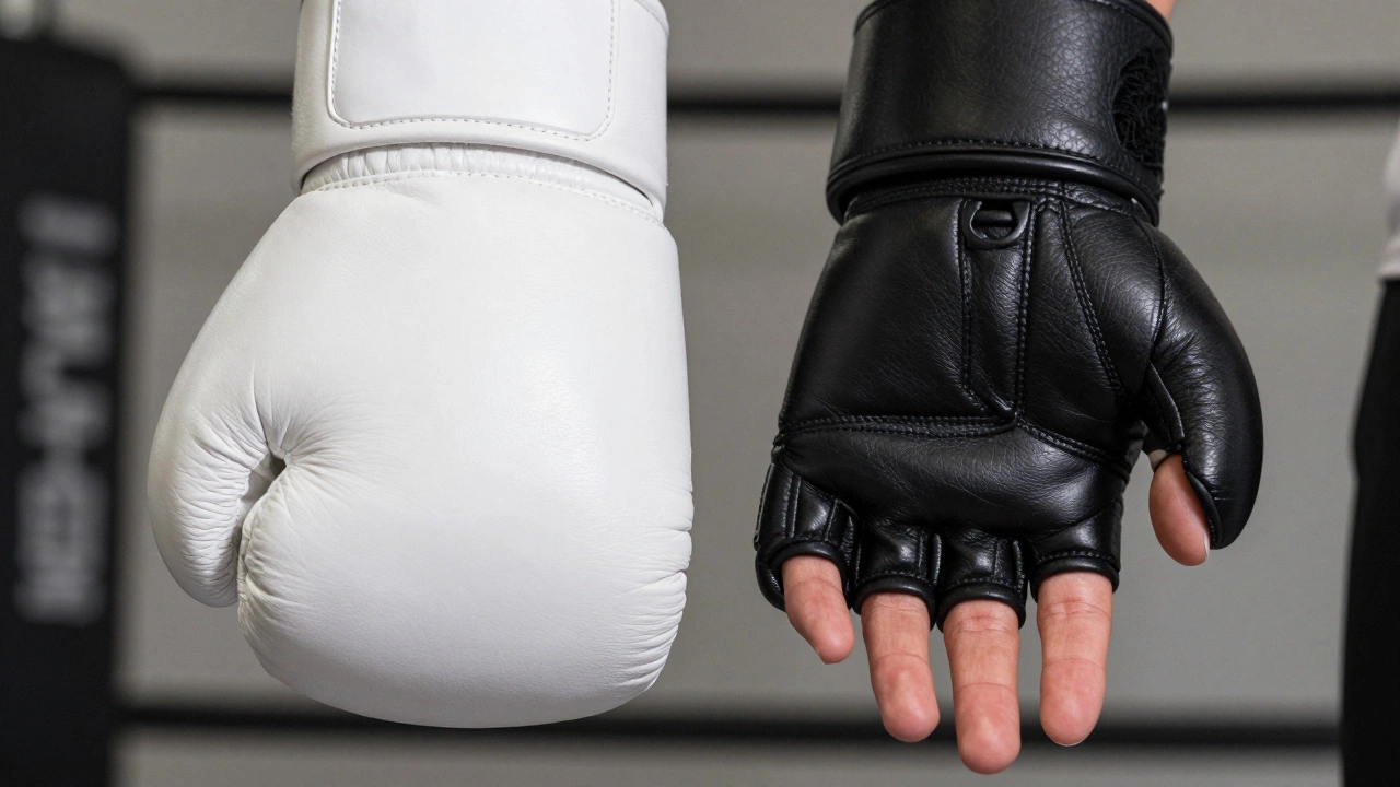 Close-up of a large padded boxing glove next to a small open-finger MMA glove.