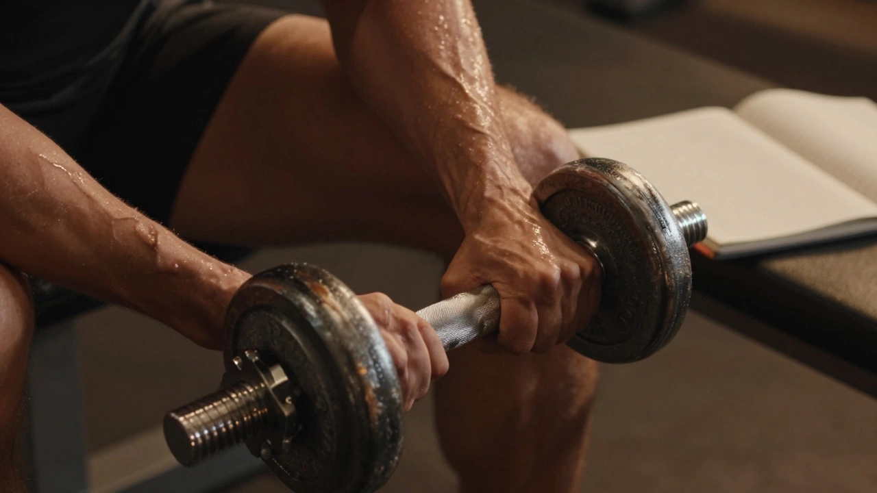 Close-up of hands holding dumbbells during a strength training rep.