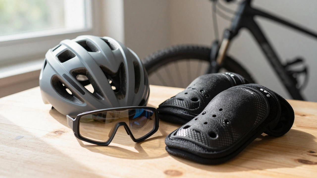 Cycling helmet, goggles, and pads arranged on a wooden bench
