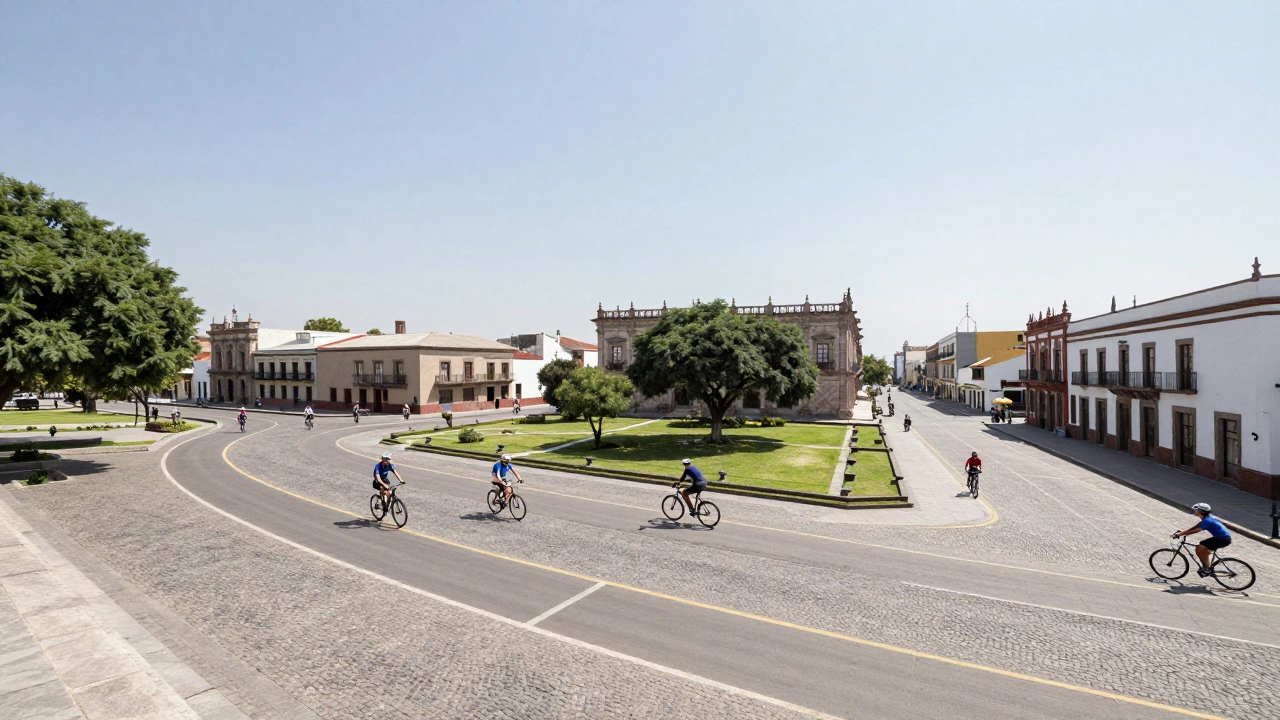 Cyclists riding on organized bike lanes surrounding Queretaro's historic center