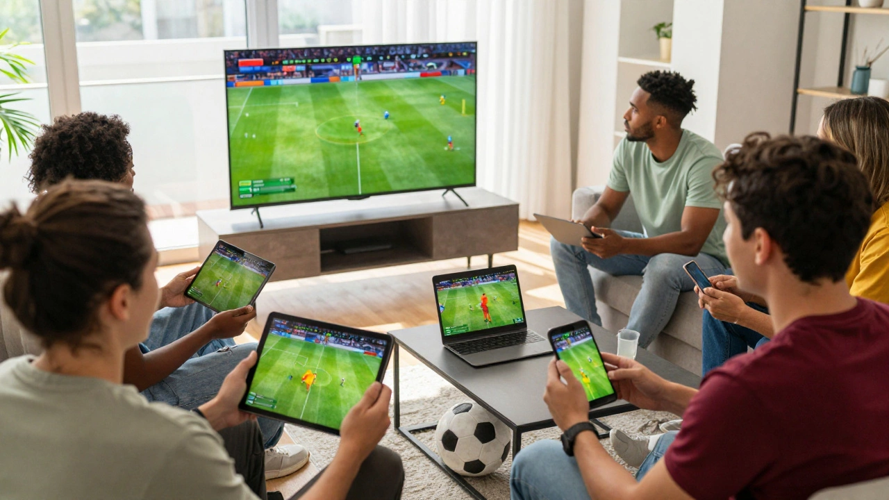 Friends watching soccer on multiple devices during a lively watch party