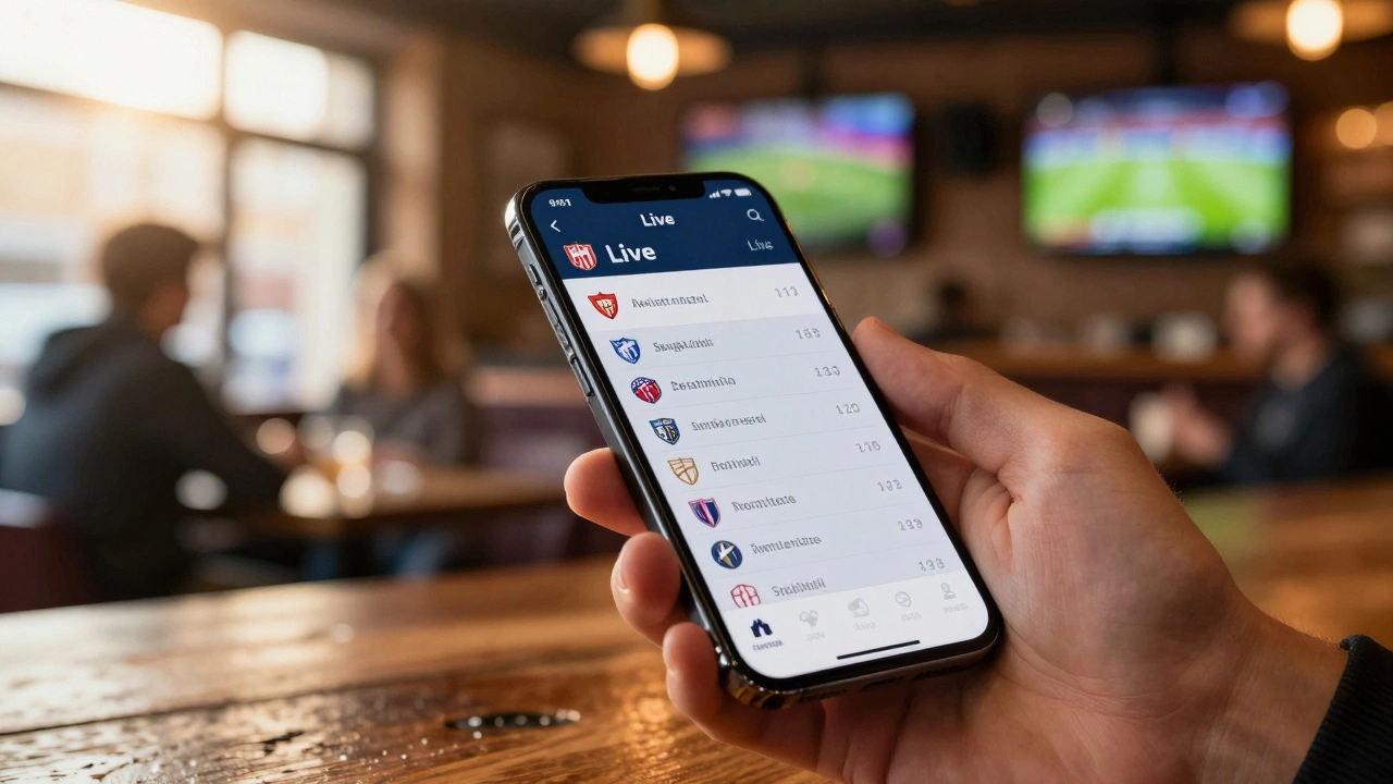 Hand holding smartphone with sports app in a pub