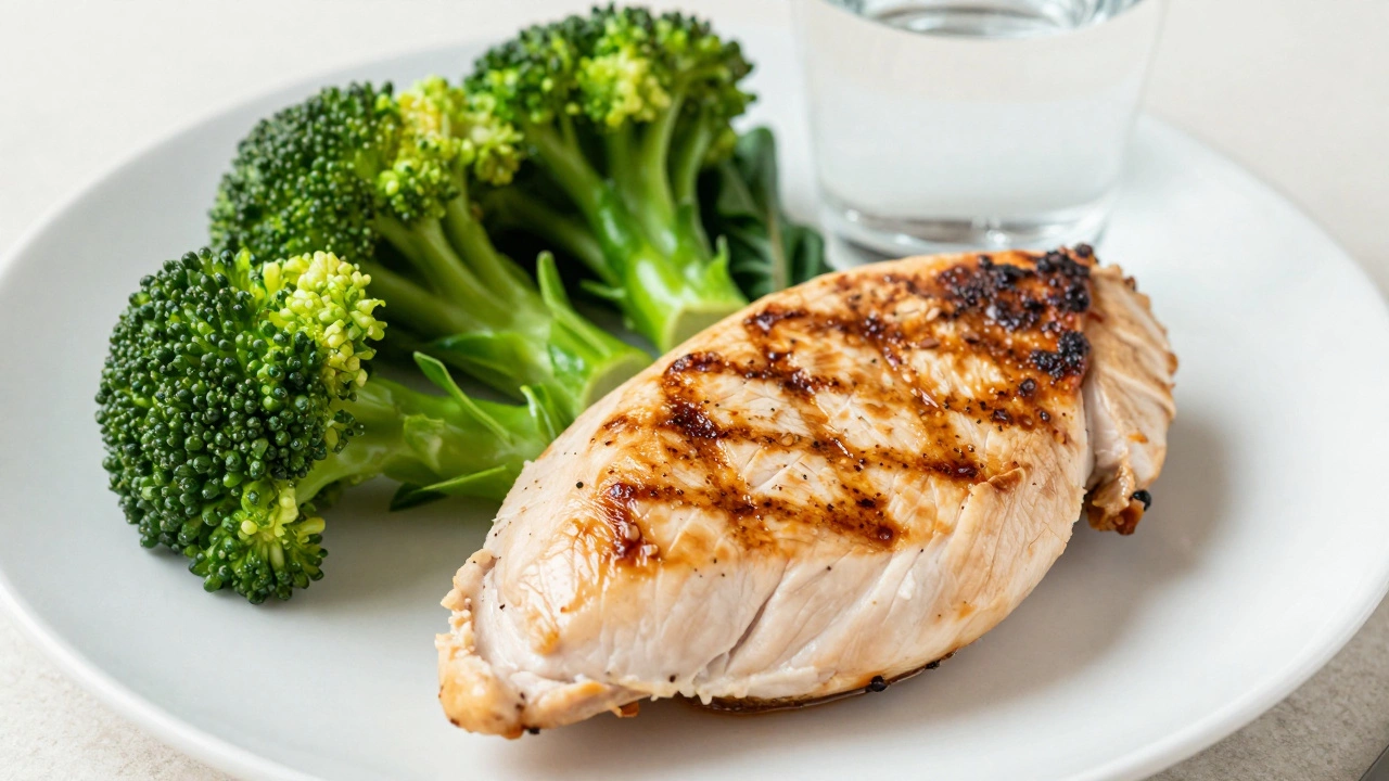 Healthy plate with grilled chicken, broccoli, and water