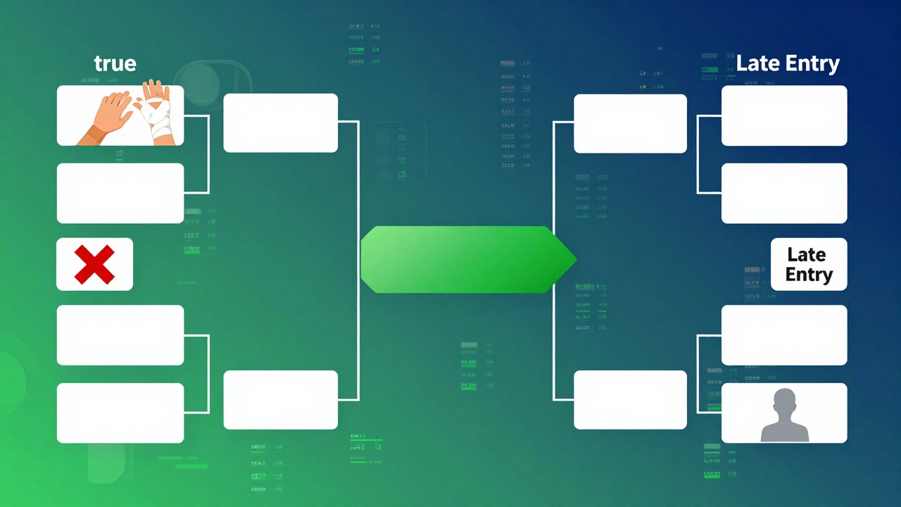 Illustration of a tennis draw bracket showing a player replacing a withdrawal.