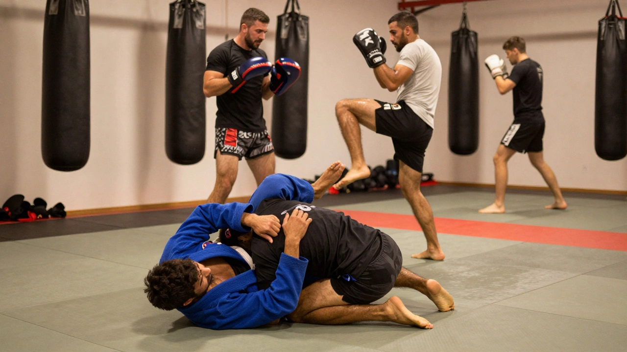 MMA fighters training various disciplines including grappling, kickboxing, and boxing in a gym.