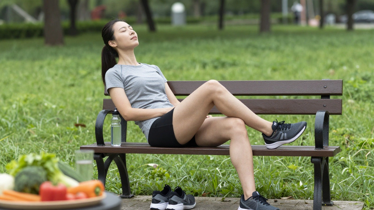 Runner resting on bench with healthy food nearby