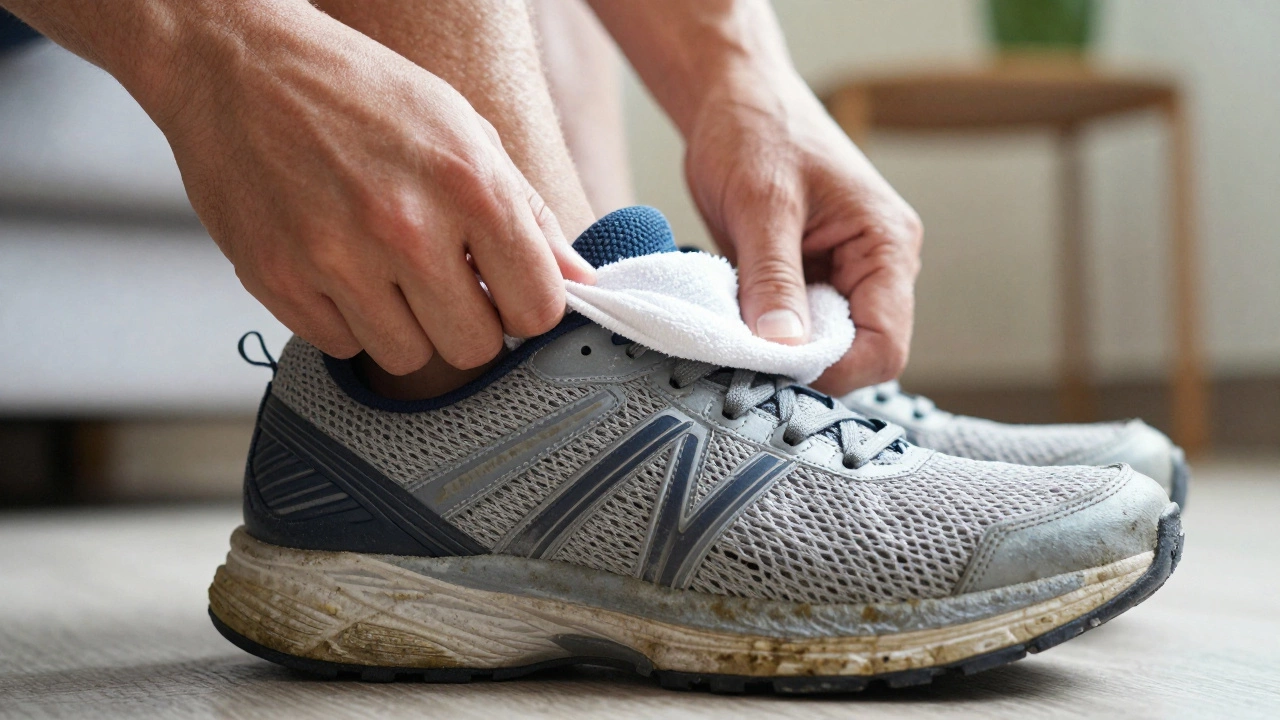 Runner twisting worn shoe to test for loss of structural support