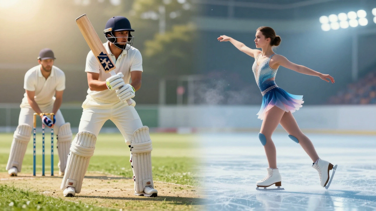 Split image showing a cricket batsman and a figure skater