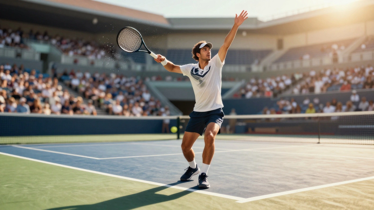 Tennis player serving intensely during a match as a late entry competitor.