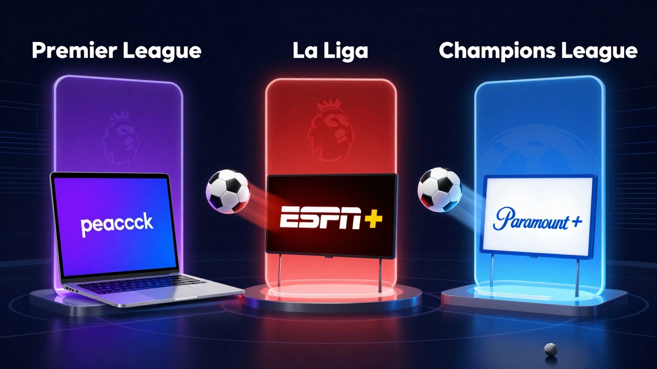 Three digital portals representing Premier League, La Liga, and Champions League streaming services