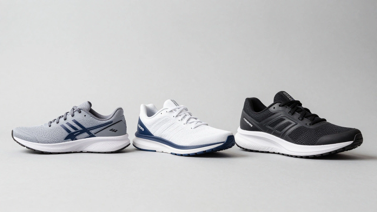 Three types of running shoes displayed to show different fits and widths