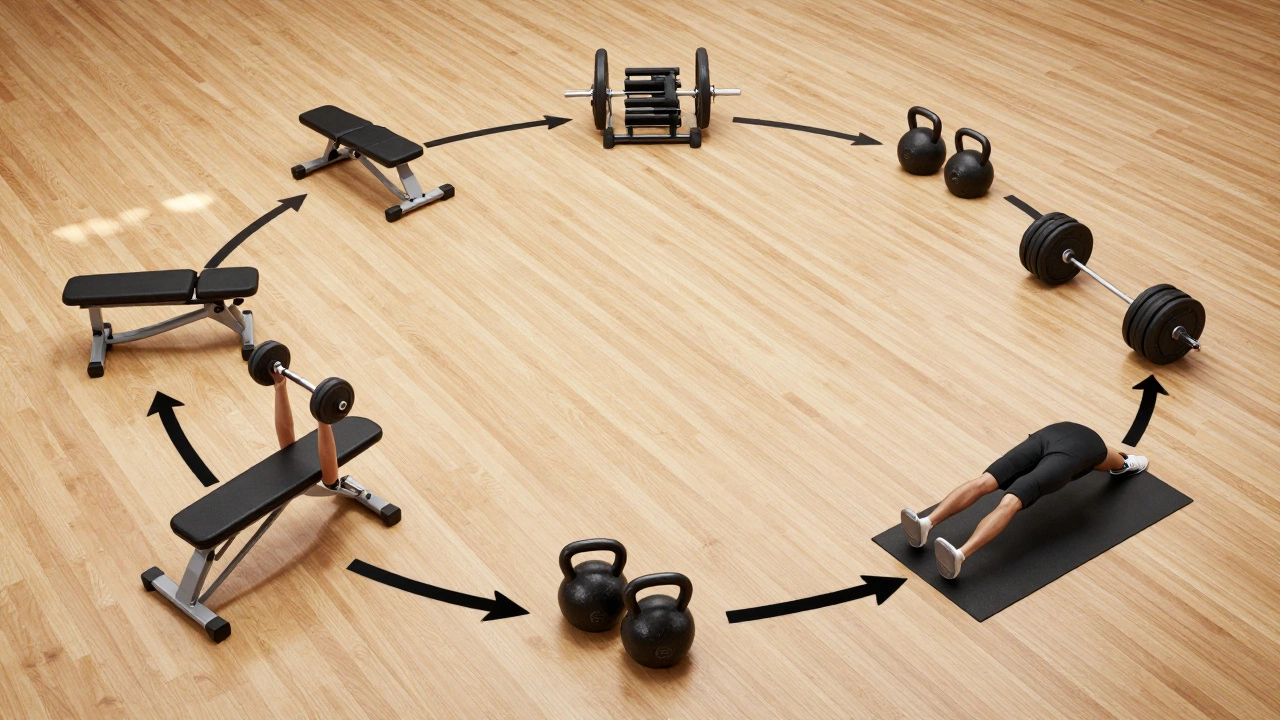 Top-down view of seven exercise stations arranged in a circuit loop.