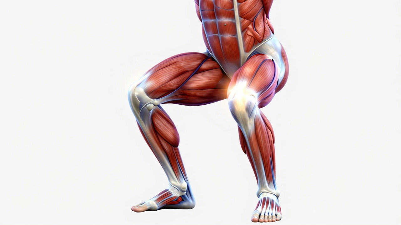 Anatomical illustration highlighting leg muscles engaged during squats