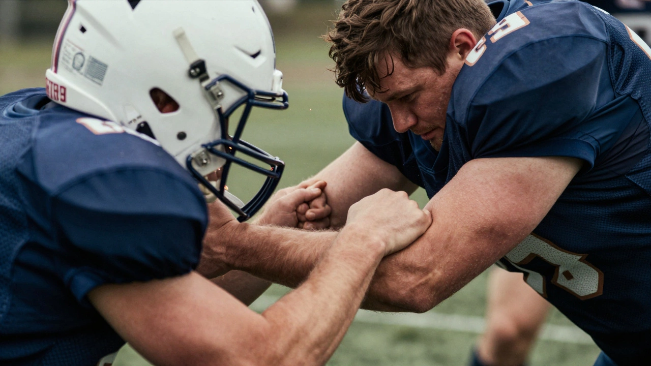 Close up of rugby tackling technique versus football helmet impact