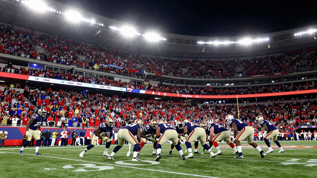 Crowded Super Bowl stadium with players lining up for a play