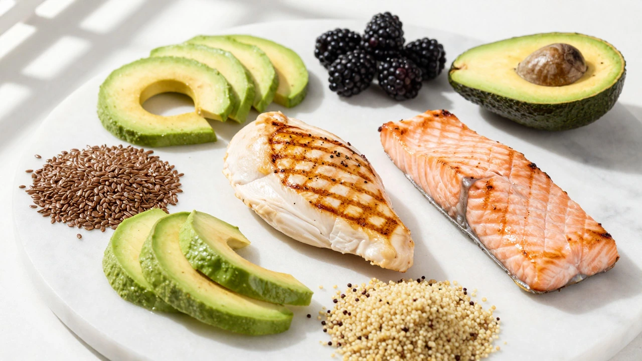 Fresh healthy foods including lean protein, berries, and grains on a white counter.
