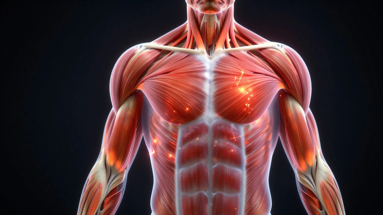 Glowing muscles illustrating protein synthesis and recovery process