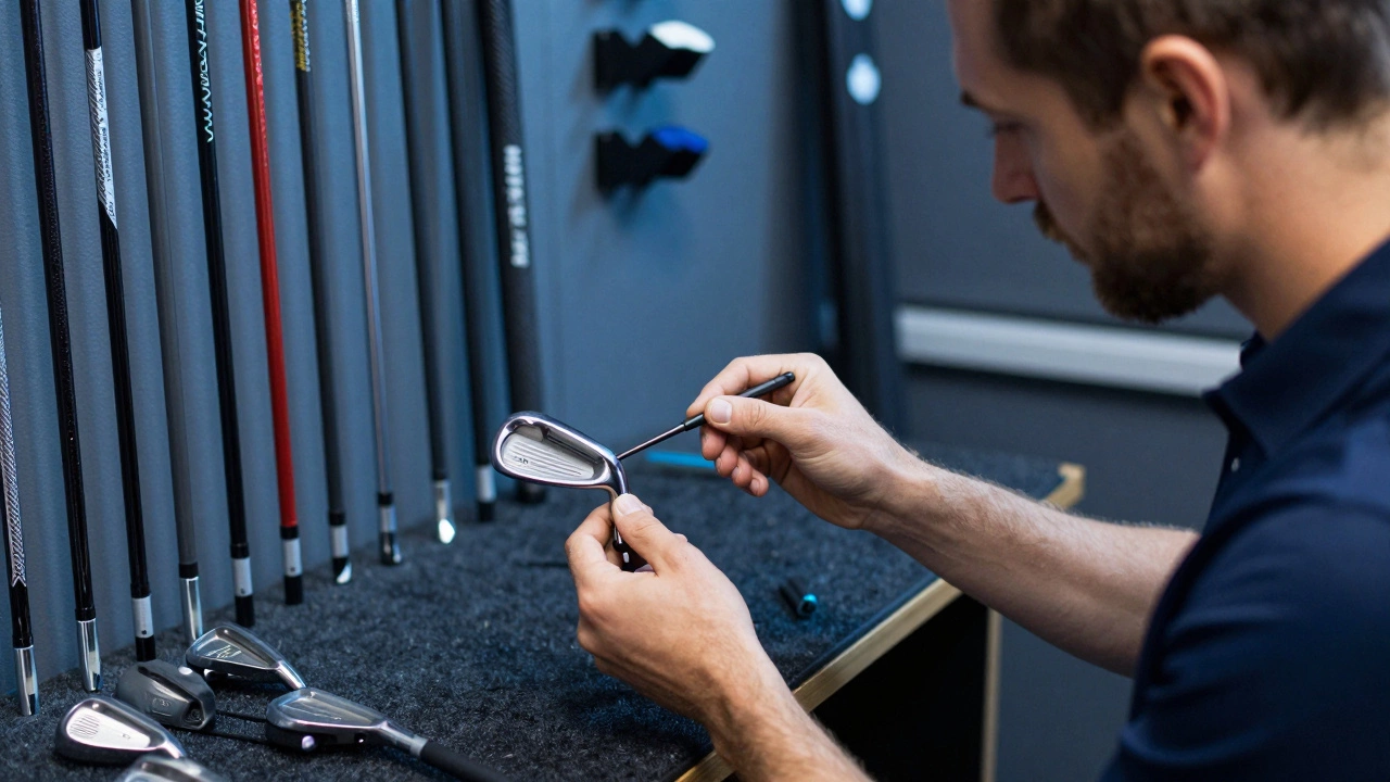 Golfer having custom clubs fitted with precision tools in studio