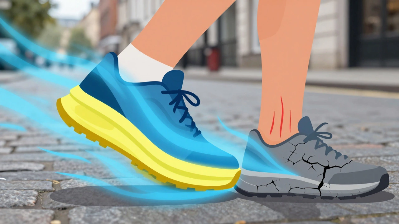 Illustration comparing shock absorption in new vs old running shoes
