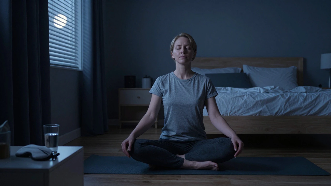 Person meditating in a dark, calm bedroom to reduce stress and improve sleep.