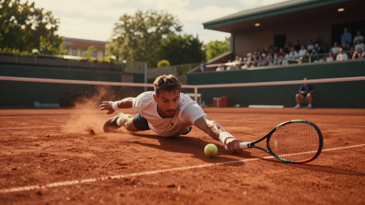 Player sliding on red clay court at French Open Roland Garros