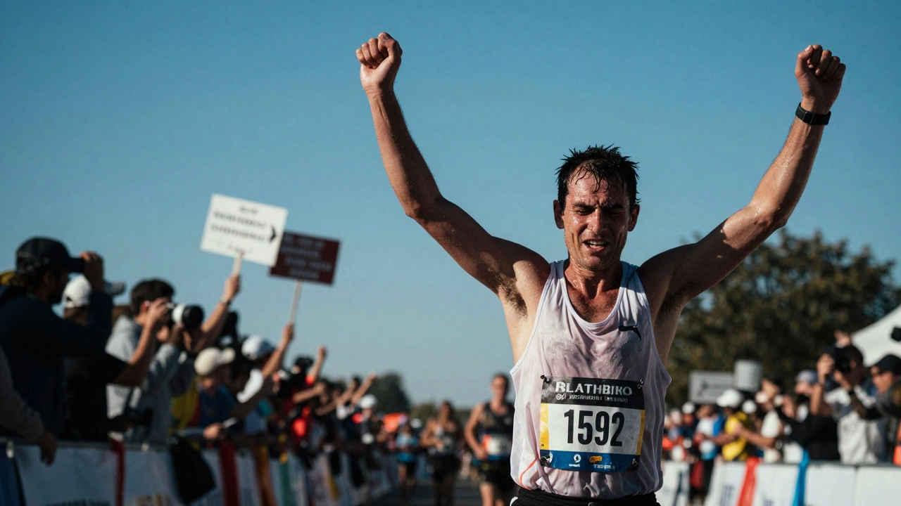 Runner celebrating crossing marathon finish line