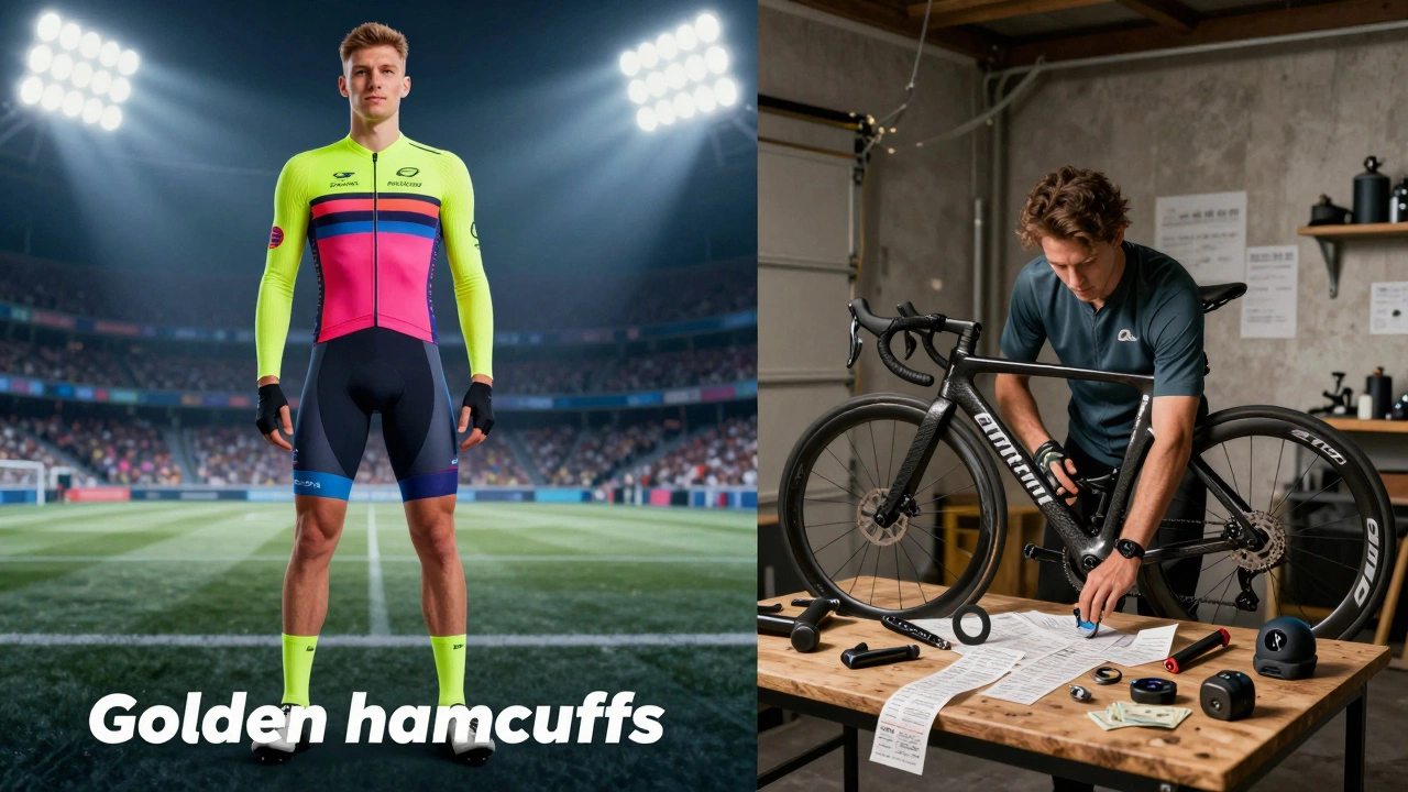 Split image contrasting sponsored elite athlete with self-funded cyclist