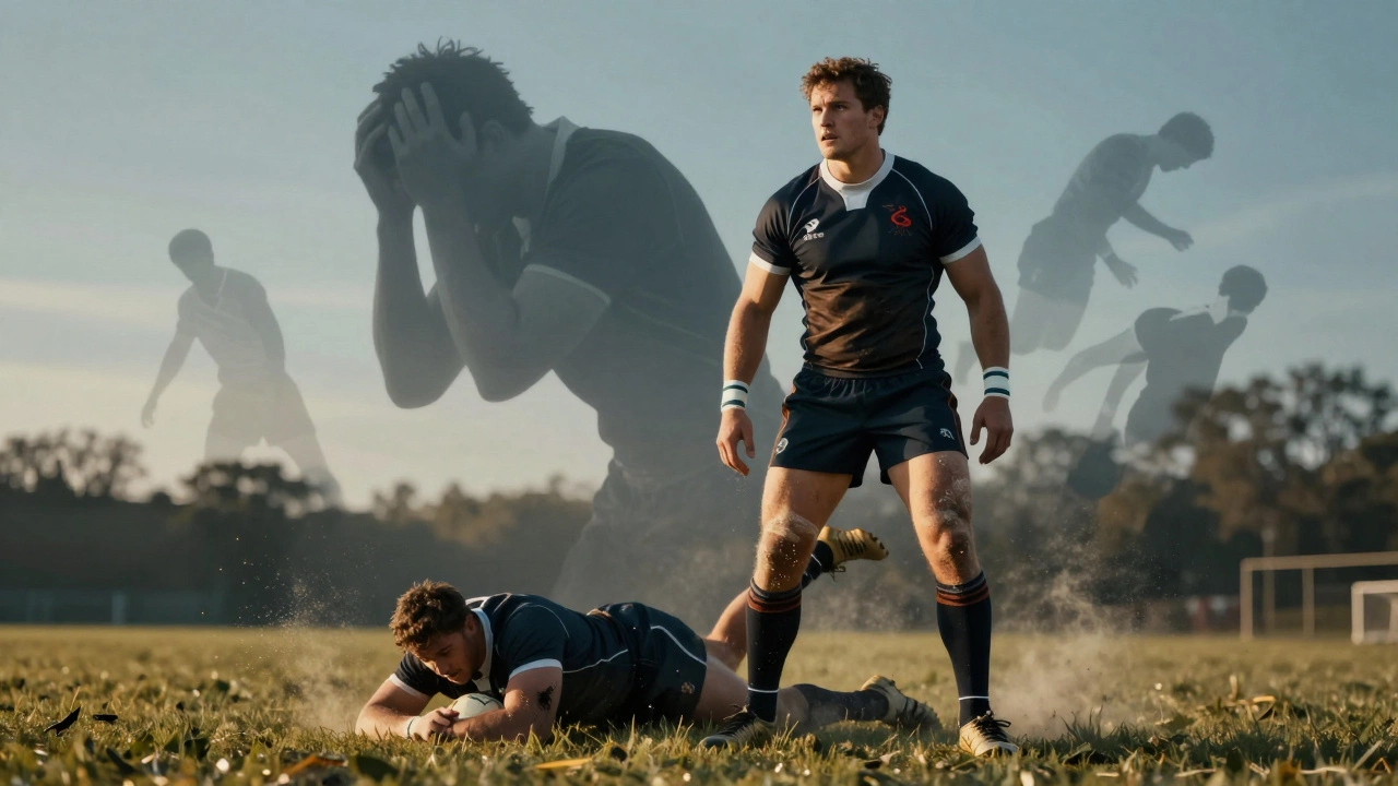 Symbolic art showing rugby resilience vs football chronic brain injury risks