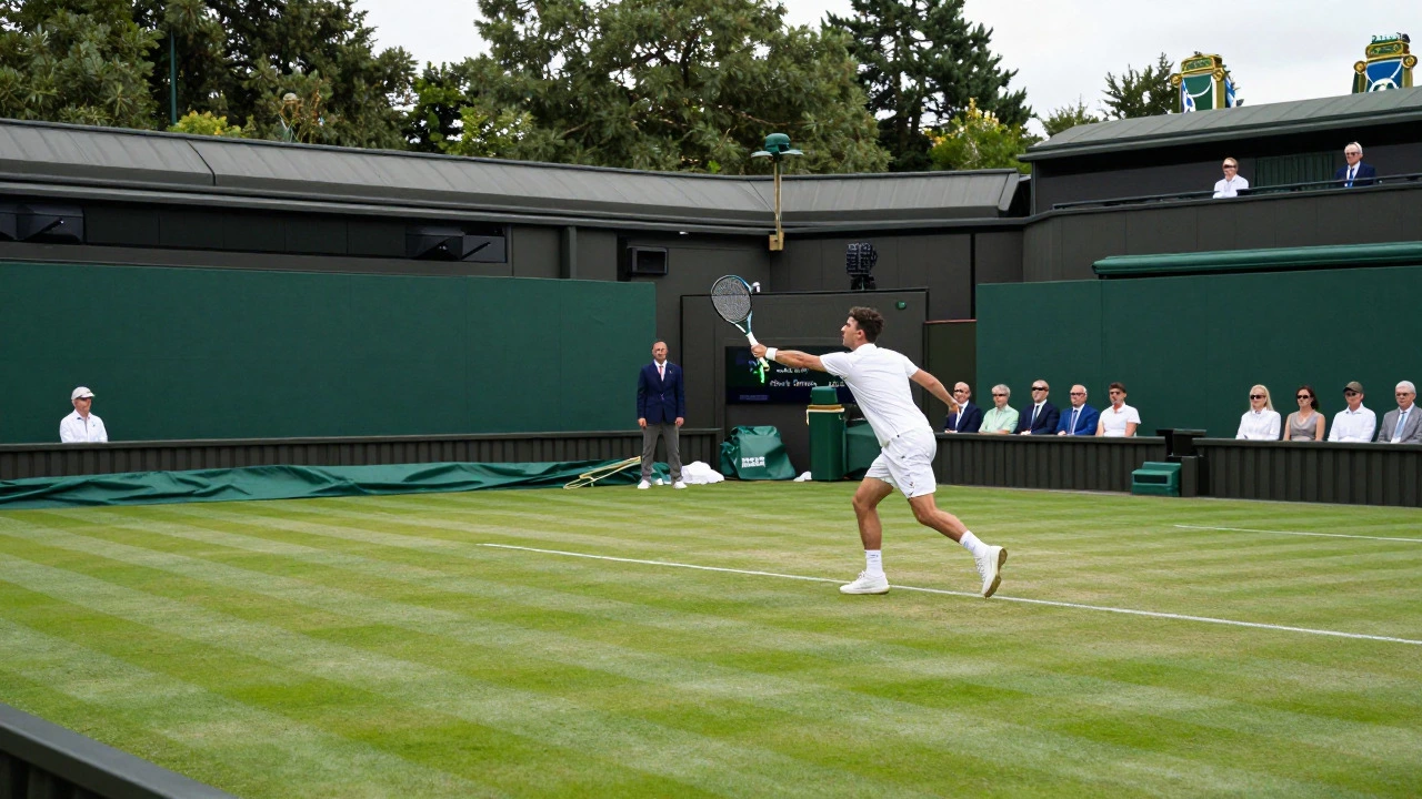 Tennis match on green grass court at Wimbledon in London