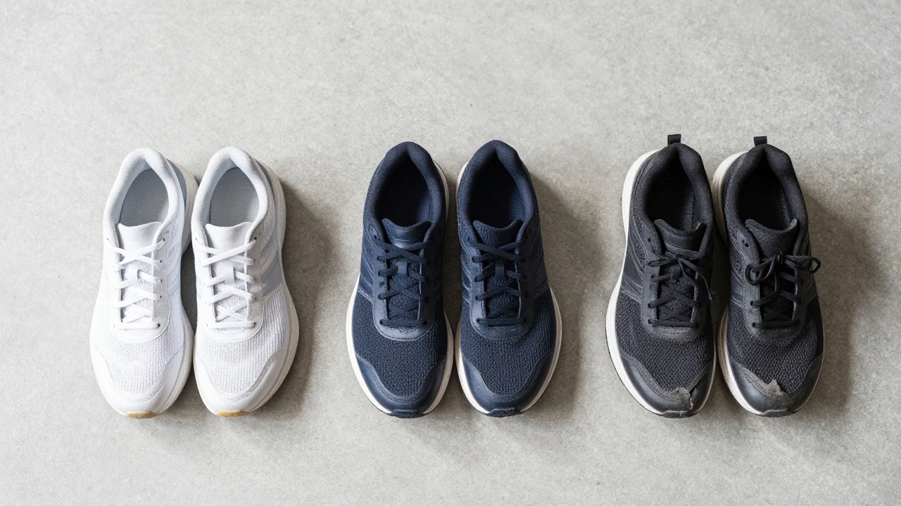 Three pairs of running shoes showing different levels of wear