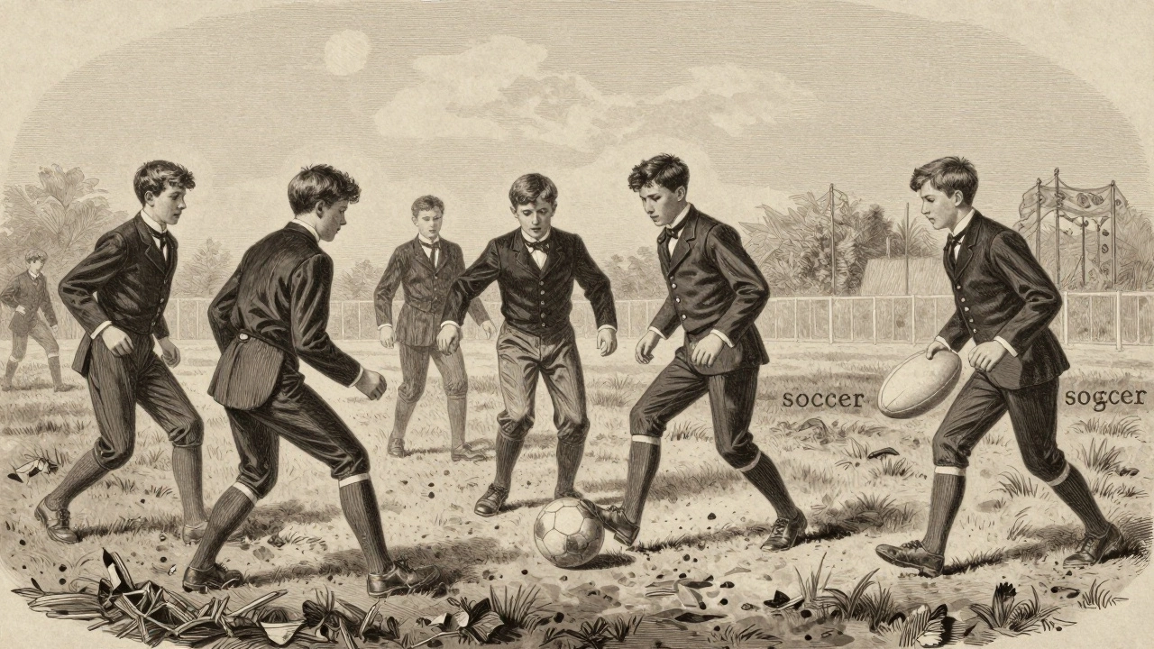 Vintage engraving of 19th-century boys playing early football games
