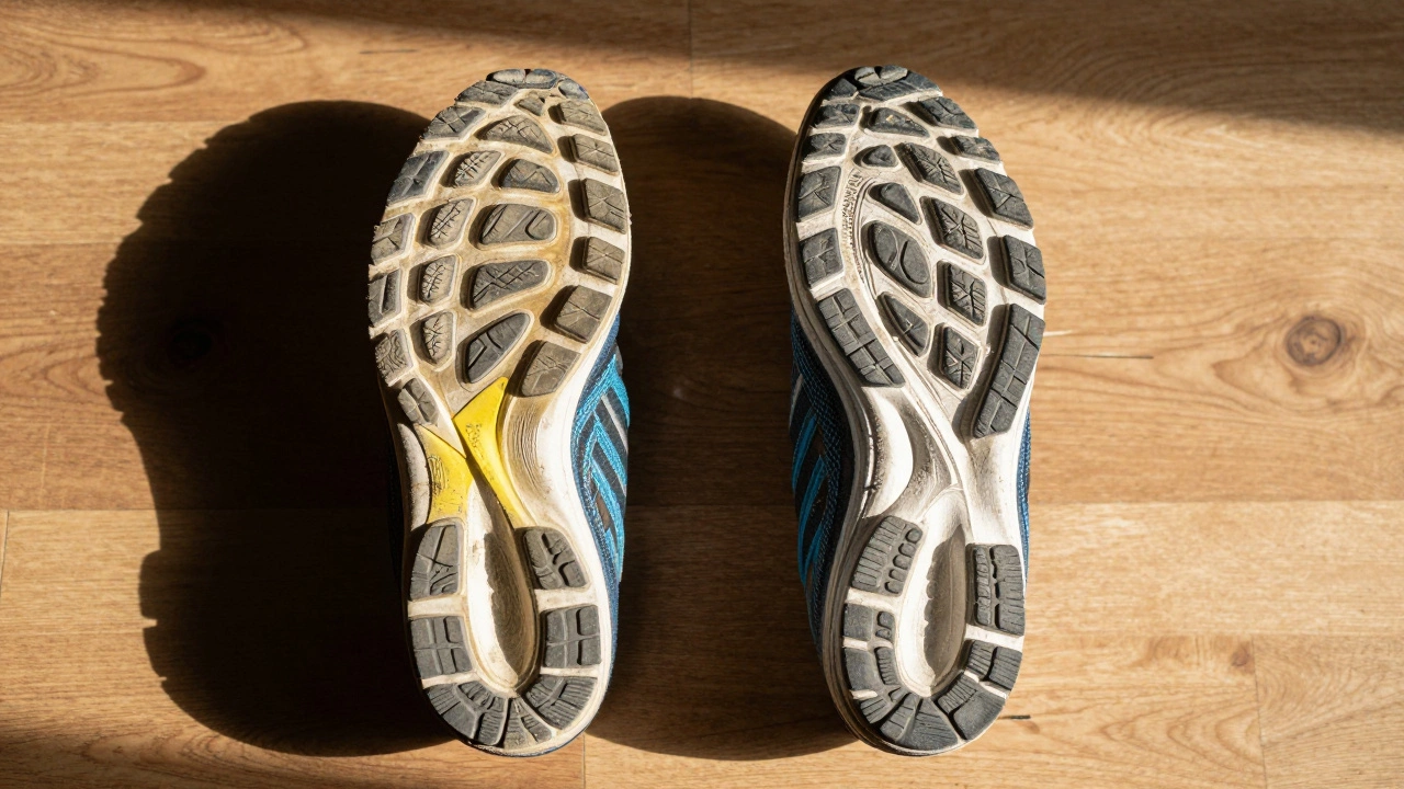 Worn shoe sole showing inner wear vs new stability shoe