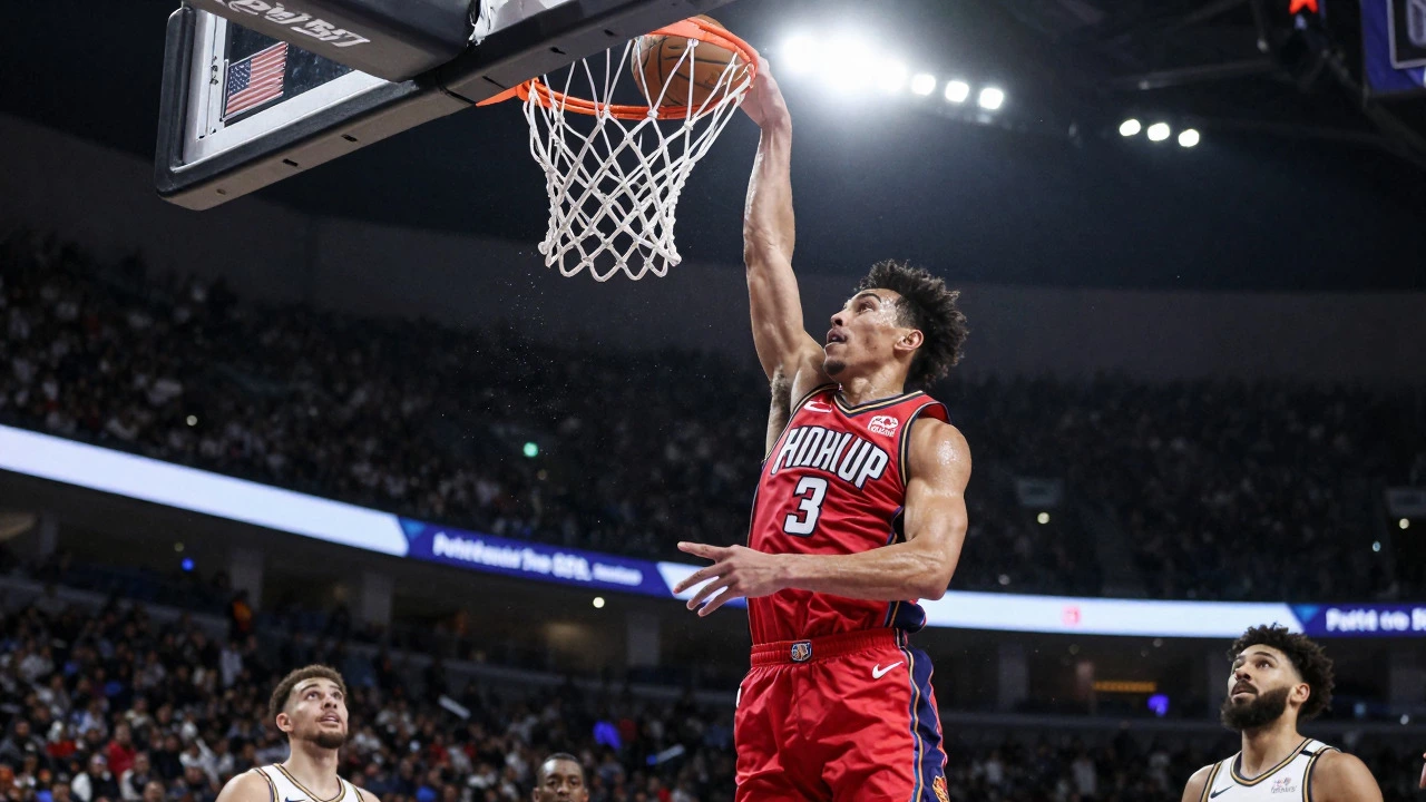 An athlete performs a dynamic dunk under bright arena lights, symbolizing the pursuit of NBA opportunities.