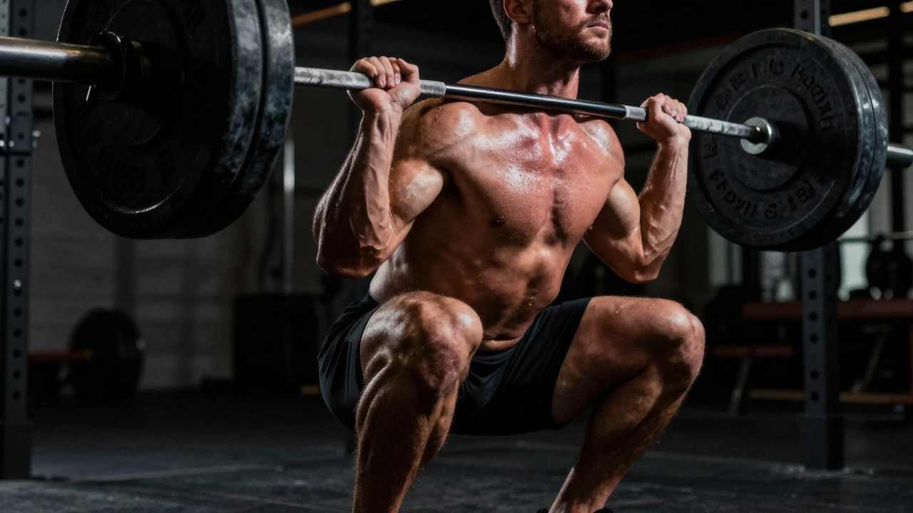 Close-up of an athlete lifting a heavy barbell during a back squat in a dark gym